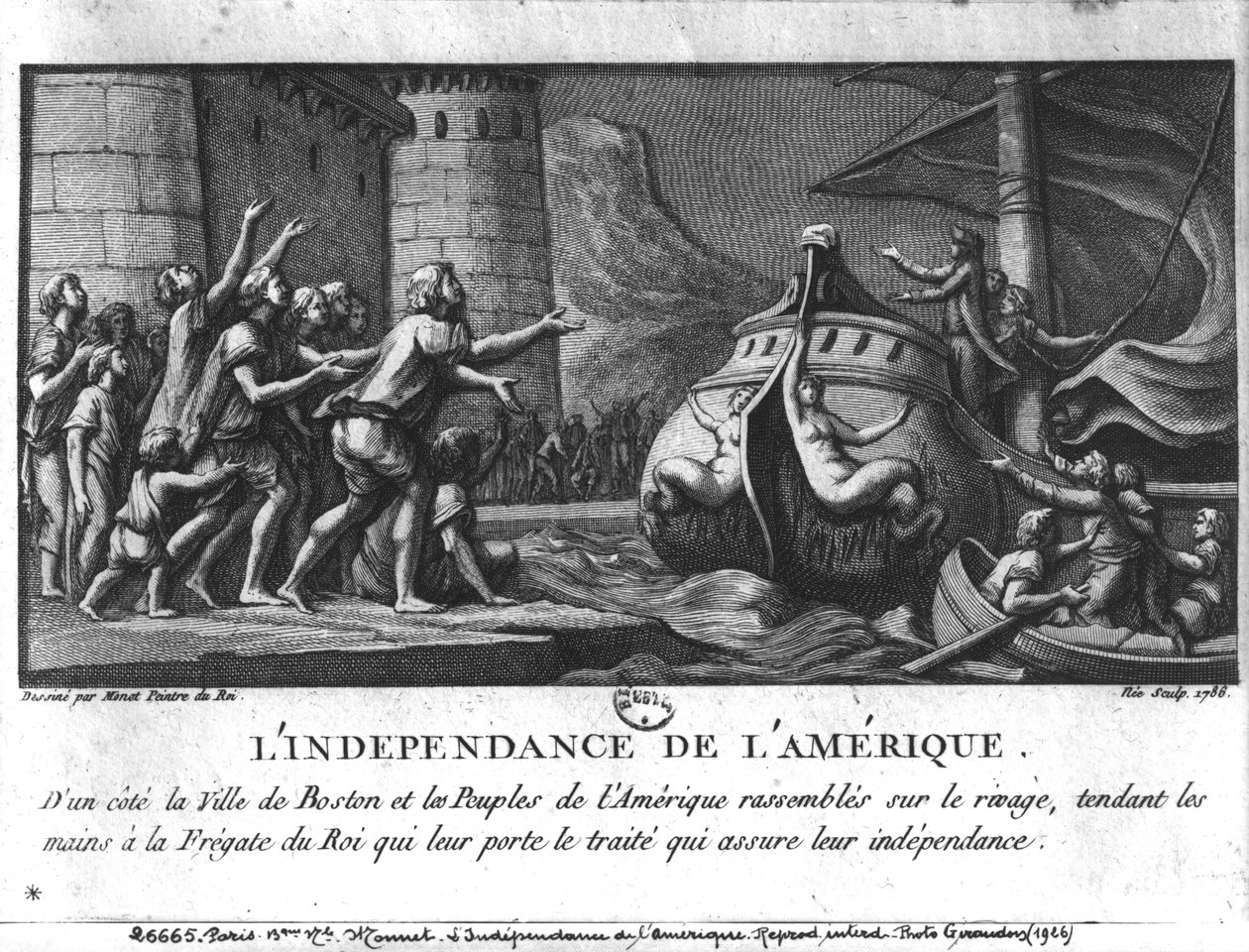 美国独立，一艘将条约带到波士顿的法国护卫舰，由Francois Denis Nee（1732-1817）雕刻，1786年 作者 查尔斯·莫奈