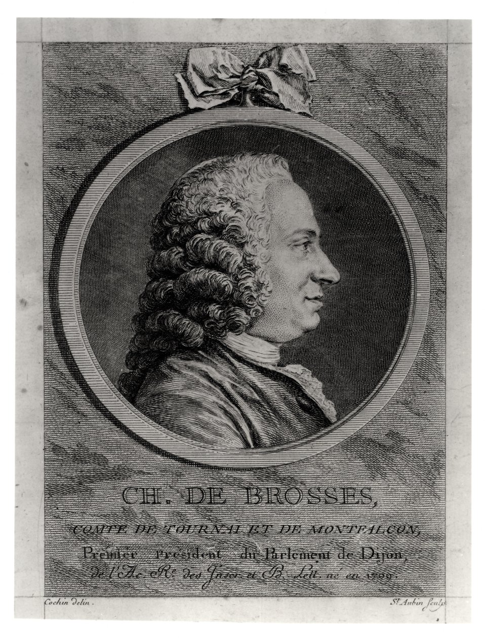 查尔斯·德·布罗斯（1709-77），图尔奈和蒙特福恩伯爵，由Augustin de Saint-Aubin（1736-1807）雕刻 作者 查尔斯·尼古拉斯二世·科钦