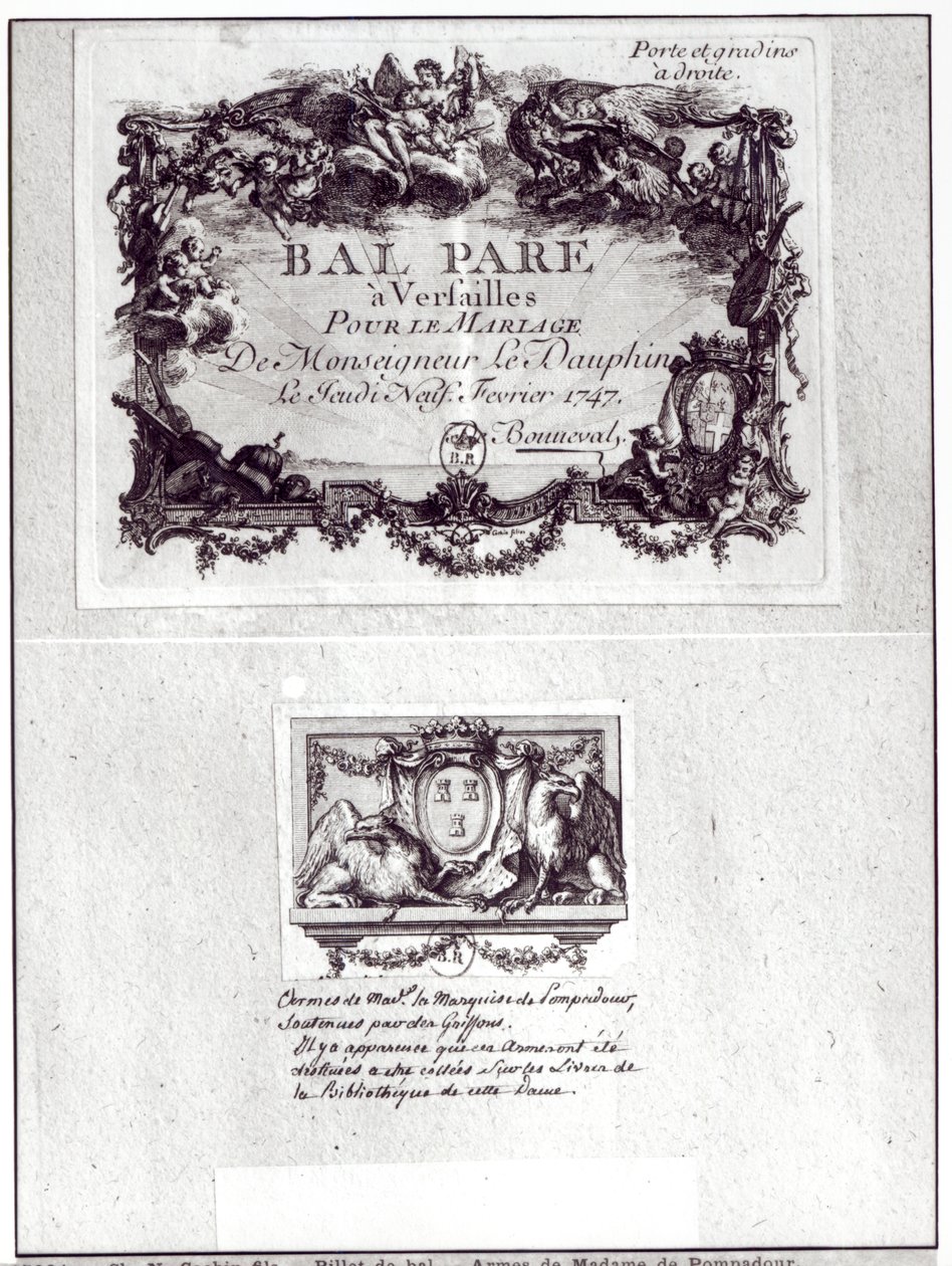 1747年2月9日，在凡尔赛宫为Monseigneur le Dauphin举行婚礼的门票，以及蓬巴杜夫人（1721-64）武器的Ex Libris 作者 查尔斯·尼古拉斯二世·科钦