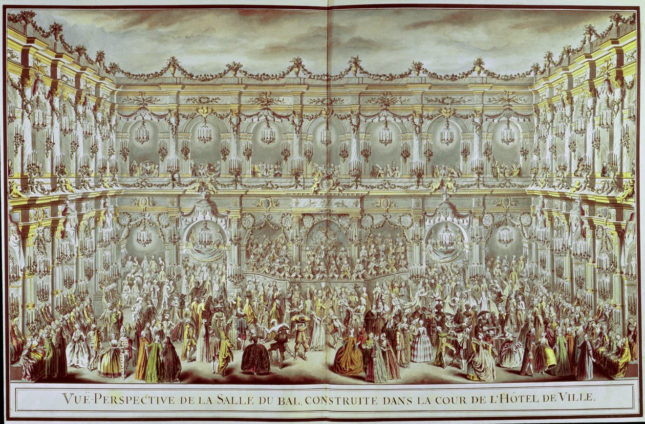 在Dauphin与Marie-Therese（1638-83）西班牙Infanta的第一次婚姻之际，在巴黎的Hotel de Ville庭院中建造的宴会厅的透视图 作者 查尔斯·尼古拉斯二世·科钦