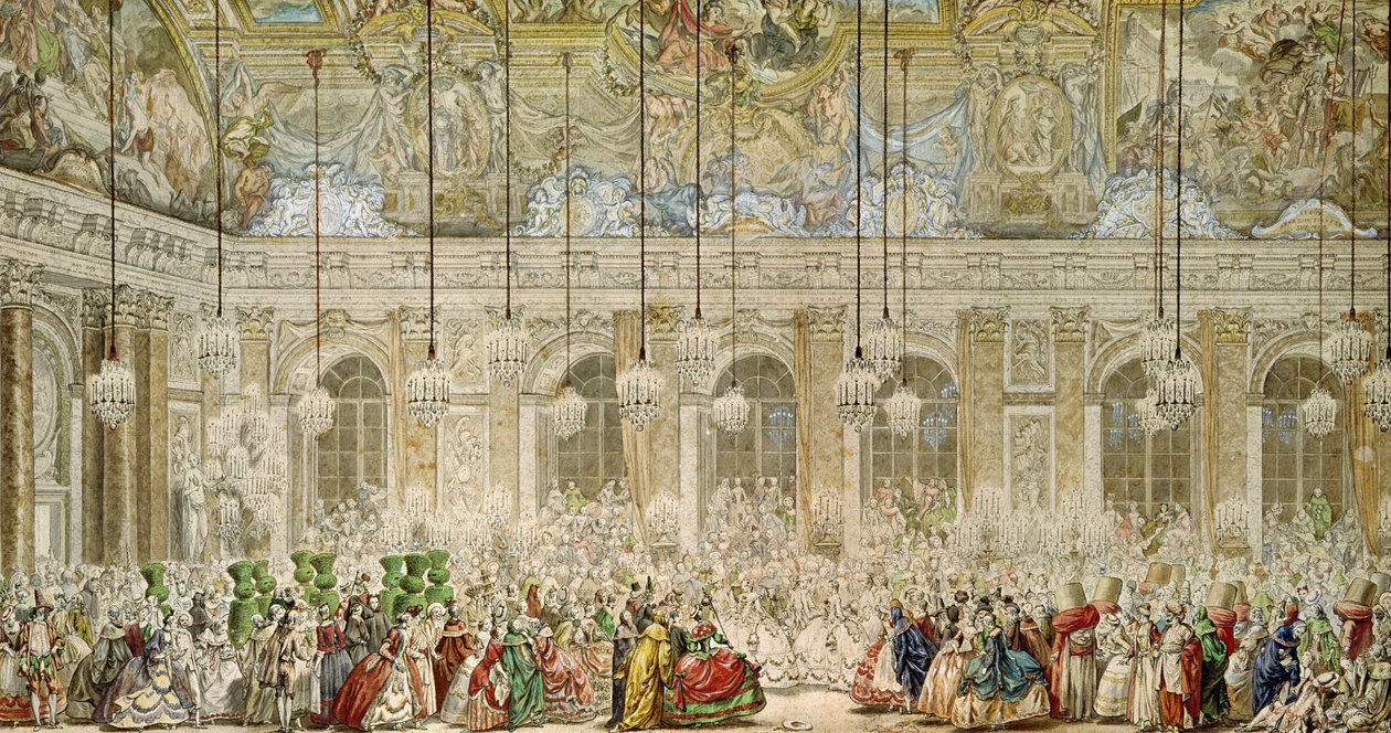 1745年2月17日Galerie des Glaces的蒙面球（笔墨和纸上的纸） 作者 查尔斯·尼古拉斯二世·科钦