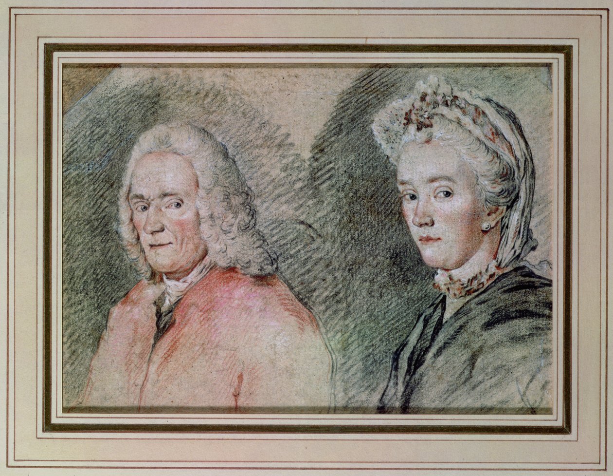 Voltaire（Francois Marie Arouet Voltaire 1694-1778）和Denis夫人（Marie-Louise Mignot Denis 1712-90），c.1758-70（铅笔在纸上） 作者 查尔斯·尼古拉斯二世·科钦