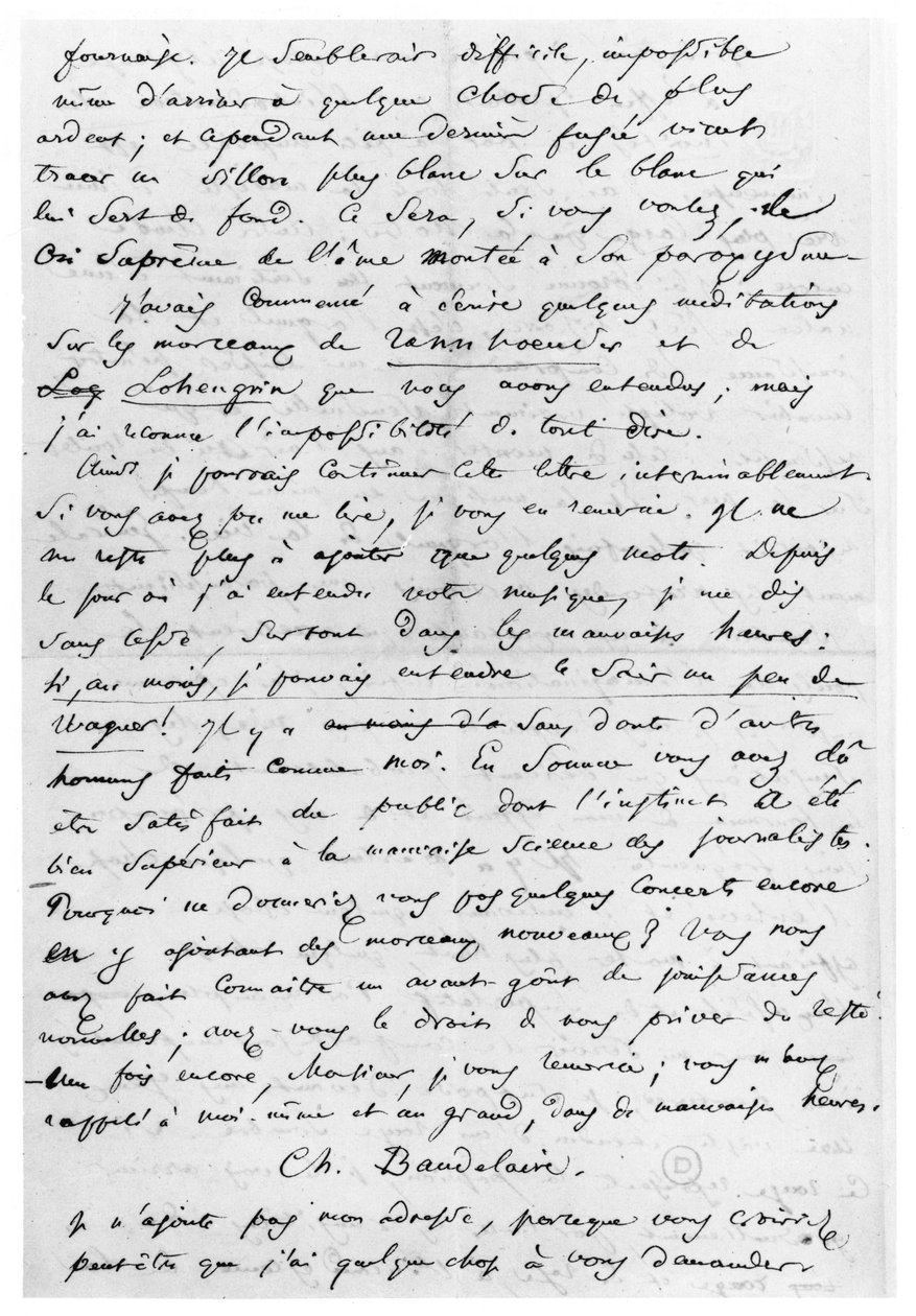 1860年2月17日致理查德瓦格纳（1813  -  83）的信（笔墨在纸上） 作者 查尔斯-皮埃尔·波德莱尔