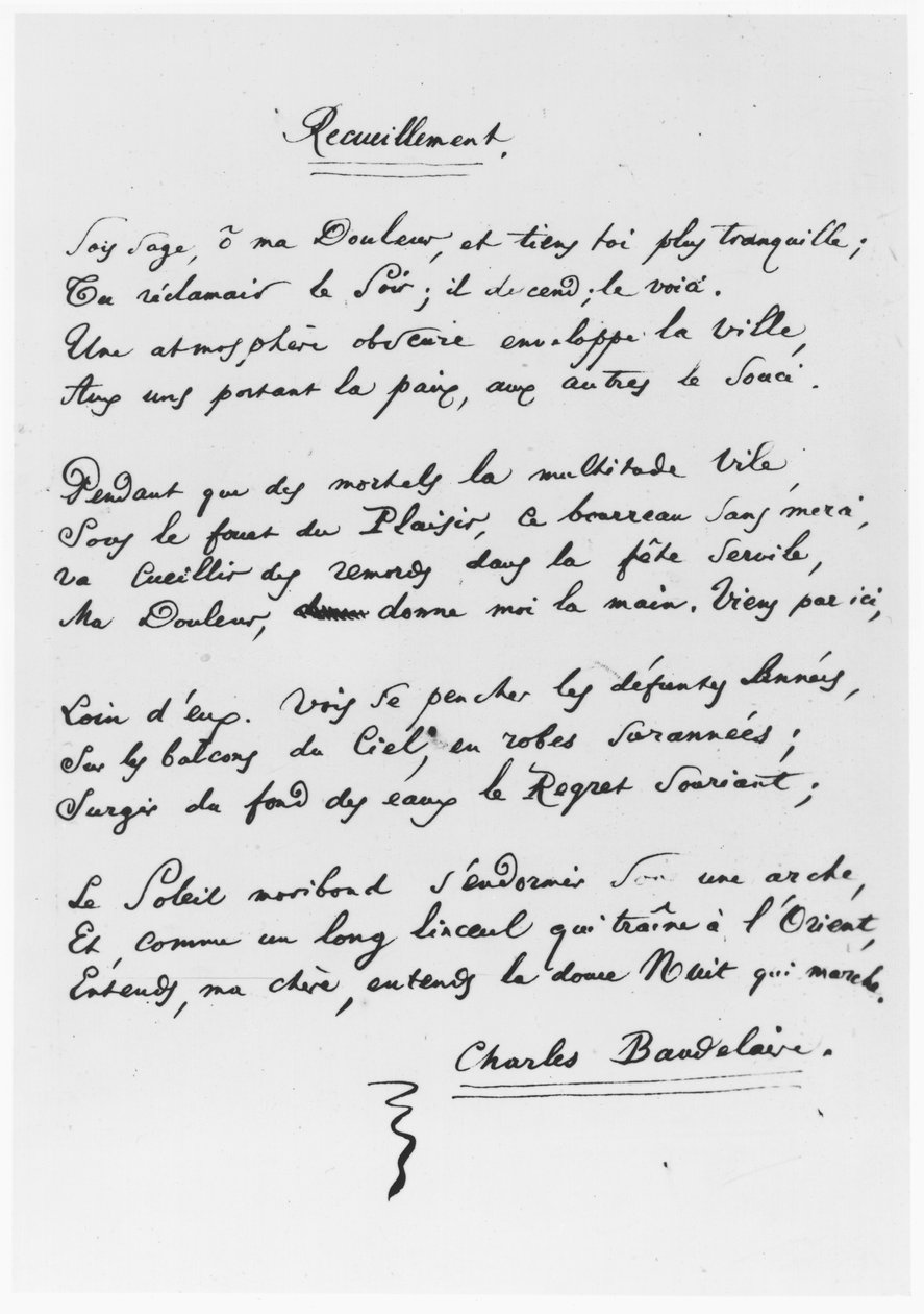 &39;回忆&39;，1861年签名的十四行诗 作者 查尔斯-皮埃尔·波德莱尔