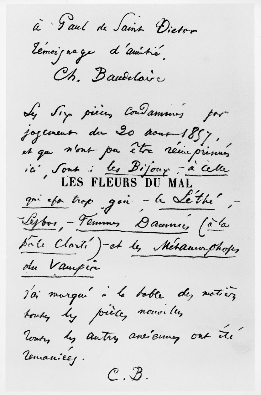 &39;Les Fleurs du Mal&39;第一版的标题页，致力于Paul de Saint-Victor 作者 查尔斯-皮埃尔·波德莱尔