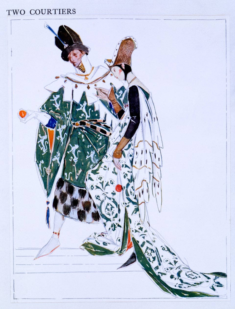 两位廷臣的服装设计，乔治·伯纳德·肖（George Bernard Shaw）的“圣琼”（St Joan）人物，c.1924（wc和铅笔在纸上） 作者 查尔斯·里基茨