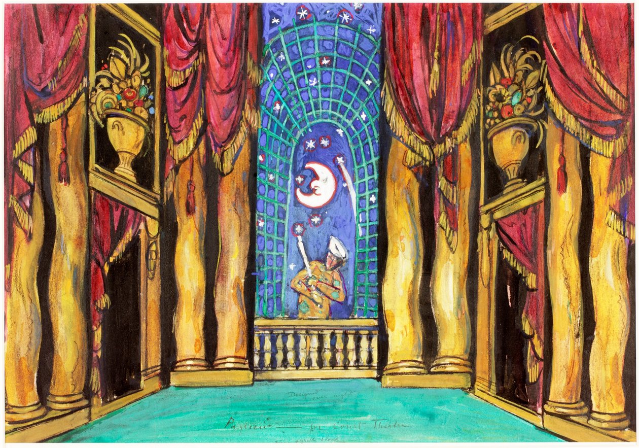 Pagliacci，宫廷剧院的舞台布景（身体彩色和纸上的木炭（粘贴在卡片上）） 作者 查尔斯·里基茨