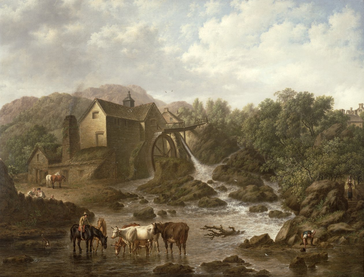 河流场景与Overshot Mill，1833年 作者 查尔斯·汤恩