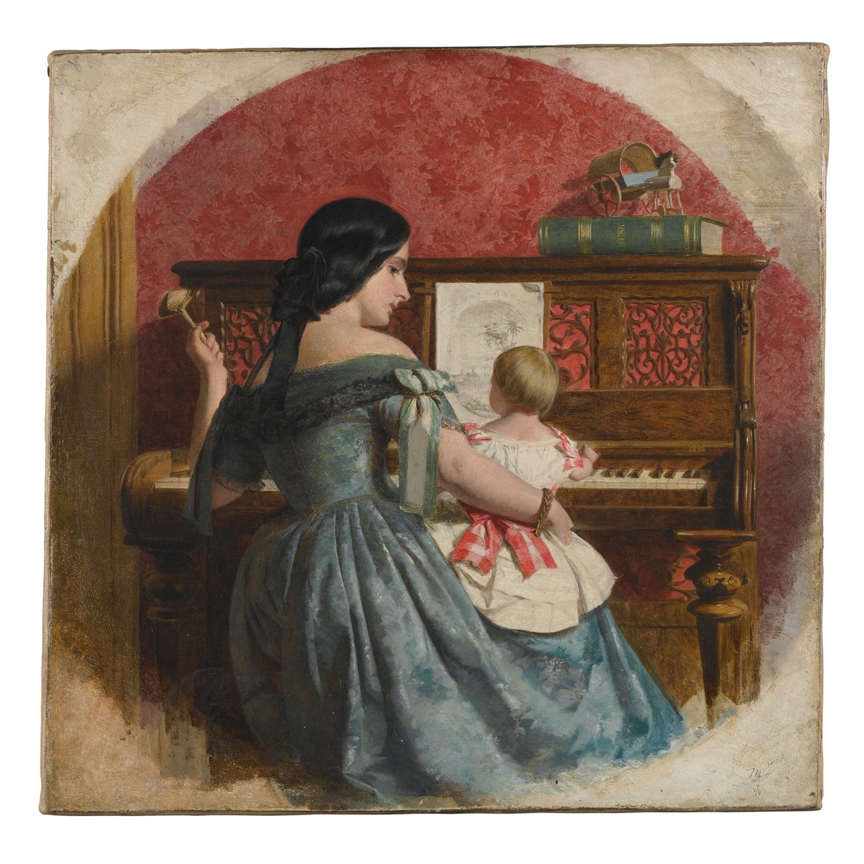 与母亲和孩子的国内内部坐在钢琴，c.1860 作者 查尔斯·韦斯特·科普