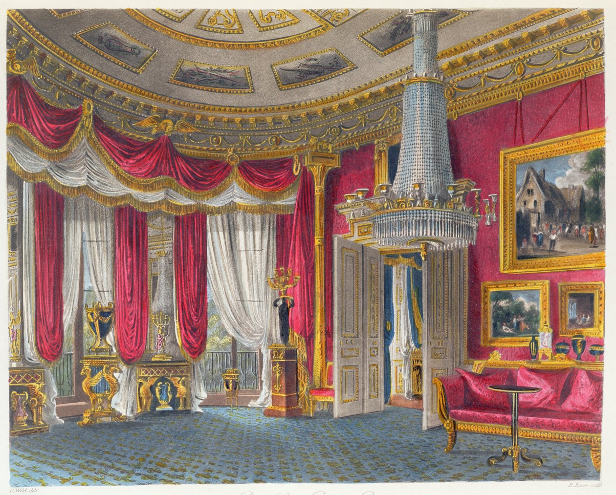 Rose Satin客厅，向西南方向看，由R. Reeve（1811-37）雕刻，来自William Henry Pyne（1769-1843），酒吧的“The Royal of Royal Residences”。 1819年（aquatint） 作者 查尔斯怀尔德