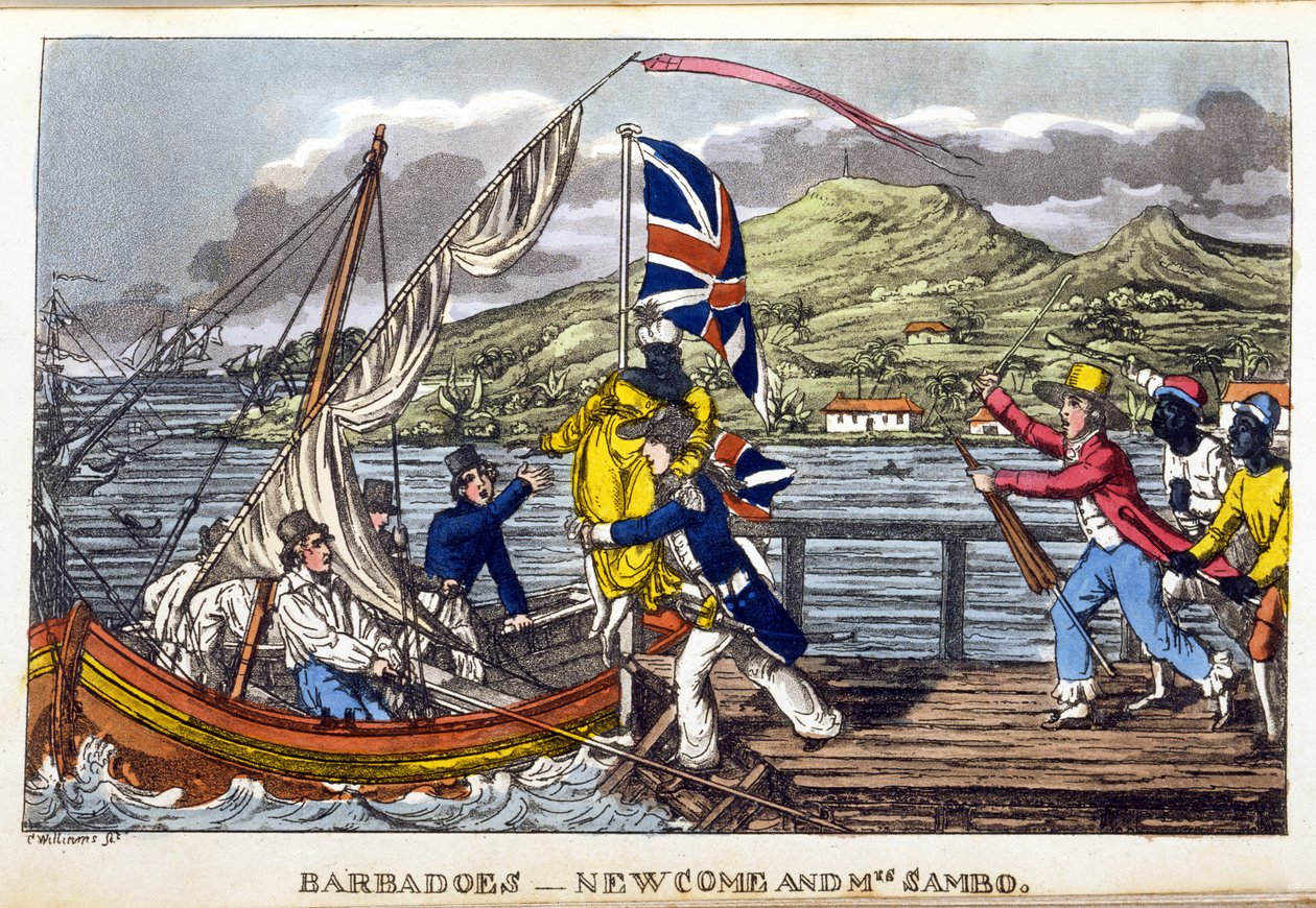 巴巴多斯：新人和Sambo夫人，1818年约翰·米特福德的“海军约翰尼新历险记”中的板块（手工彩色的aquatint） 作者 查尔斯·威廉姆斯