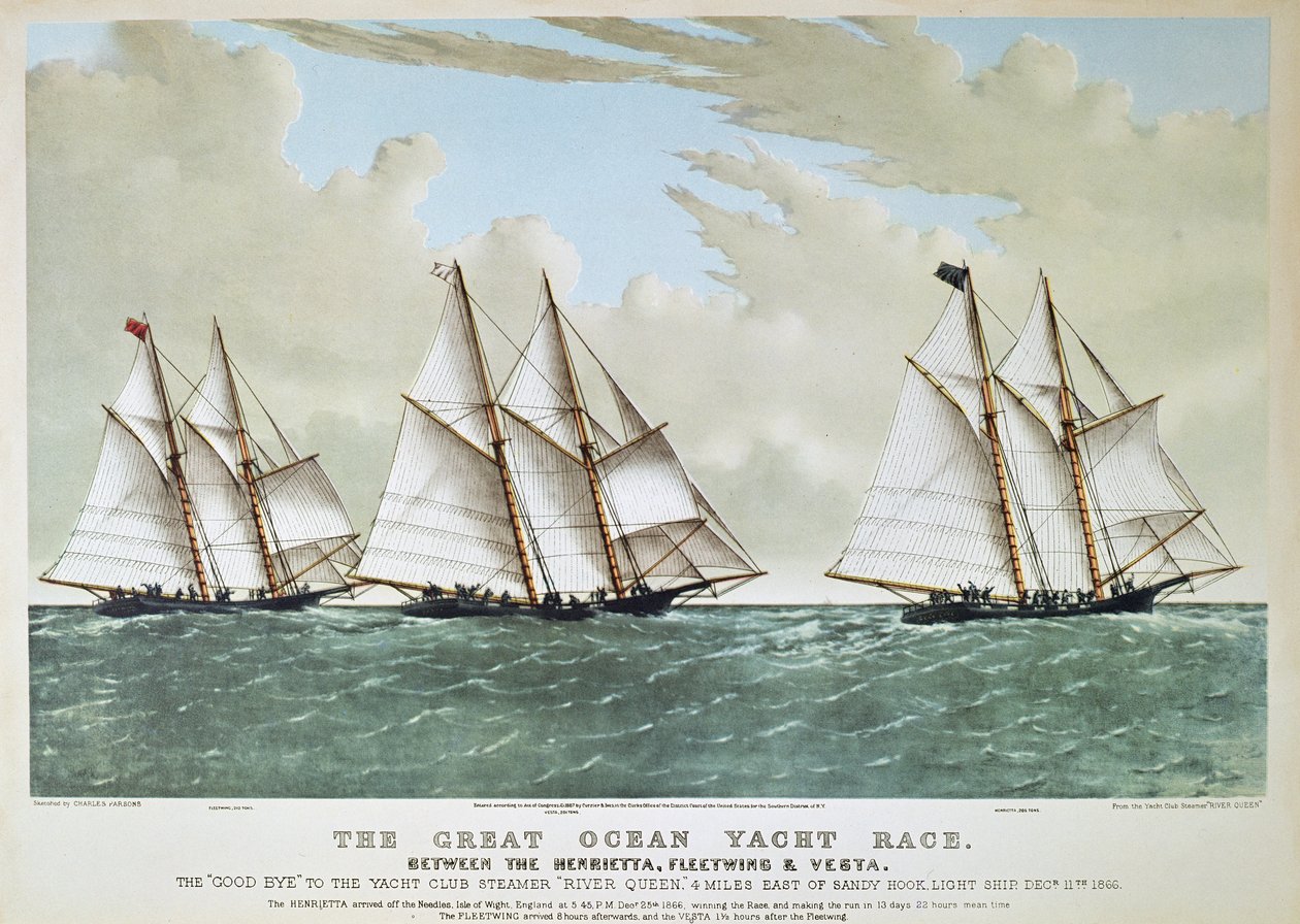 1866年Henrietta号、Vesta号和Fleetwing号之间的大洋帆船赛，由Currier & Ives出版。 作者 查尔斯（后）帕森斯