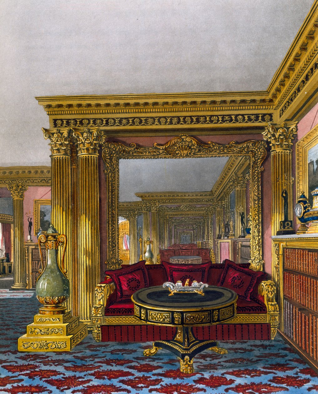 金色的客厅，威廉-詹姆斯-贝内特（1787-1844）的雕刻，根据查尔斯-威尔德（1781-1835）的设计，出自《皇家住宅的历史》。 作者 查尔斯（之后）野性