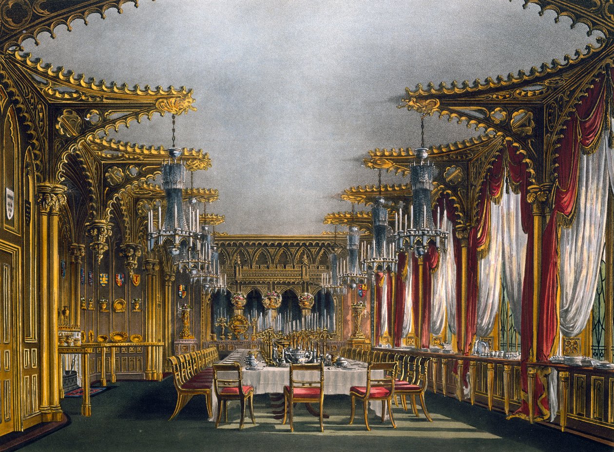 哥特式餐厅，托马斯-萨瑟兰（1785-1838）的雕刻，根据查尔斯-威尔德（1781-1835）的设计，摘自《皇家住宅的历史》。 作者 查尔斯（之后）野性