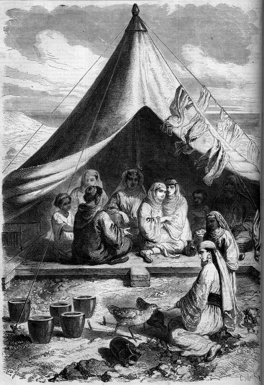 1860年，来自摩洛哥的犹太家庭在直布罗陀海岸避难。根据Yriarte先生的素描。1860年1月28日《世界画报》第146期上的版画。 作者 查尔斯（之后）耶里亚特
