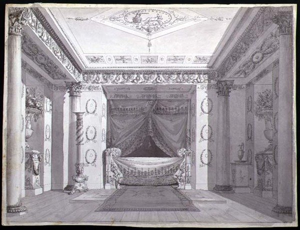帝国卧室的设计，约1810年（纸上笔墨和水彩） 作者 Charles (attr. To) Percier