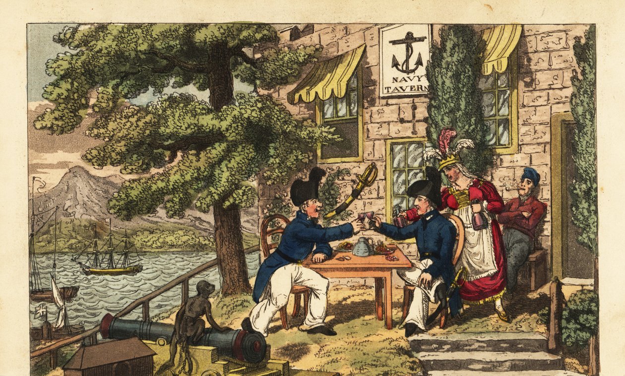 Midshipman Newcome and Master’s Mate Spunyarn drinking black strap or Malaga wine at the Navy Tavern, at the summit of Scud Hill, Gibraltar 作者 查尔斯（c.1797-1850）（之后）威廉姆斯