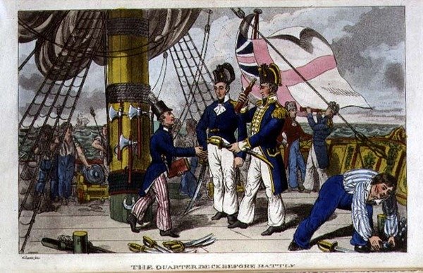 战斗前的四分之一甲板，板块来自约翰-米特福德（1782-1831）的《约翰尼-纽康在海军中的冒险》，1818年（平版）。 作者 查尔斯（c.1797-1850）（之后）威廉姆斯