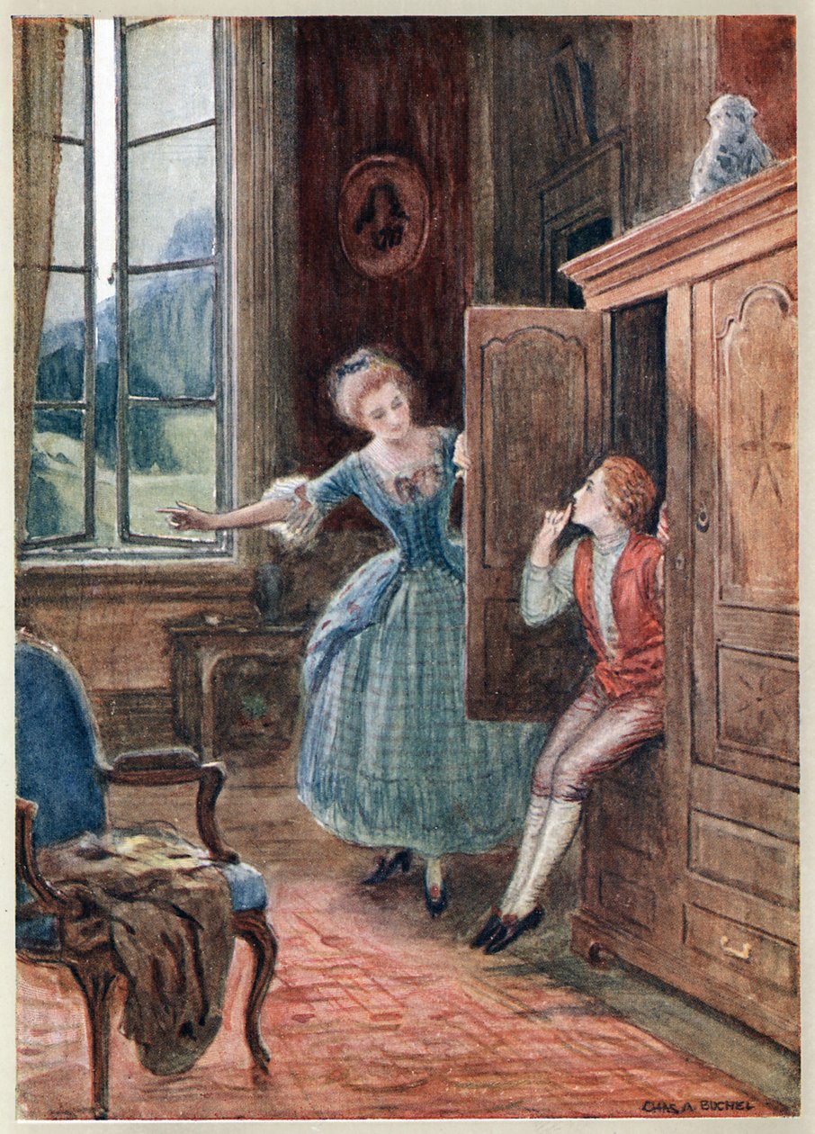 莫扎特歌剧《费加罗的婚礼》中的场景。(费加罗的婚礼》（Le Nozze di Figaro），喜歌剧（歌剧 buffa），由洛伦佐-达-庞特（1749-1838 年）根据博马舍的作品改编剧本，1786 年 5 月 1 日在维也纳城堡剧院首演。 作者 查尔斯·布切尔