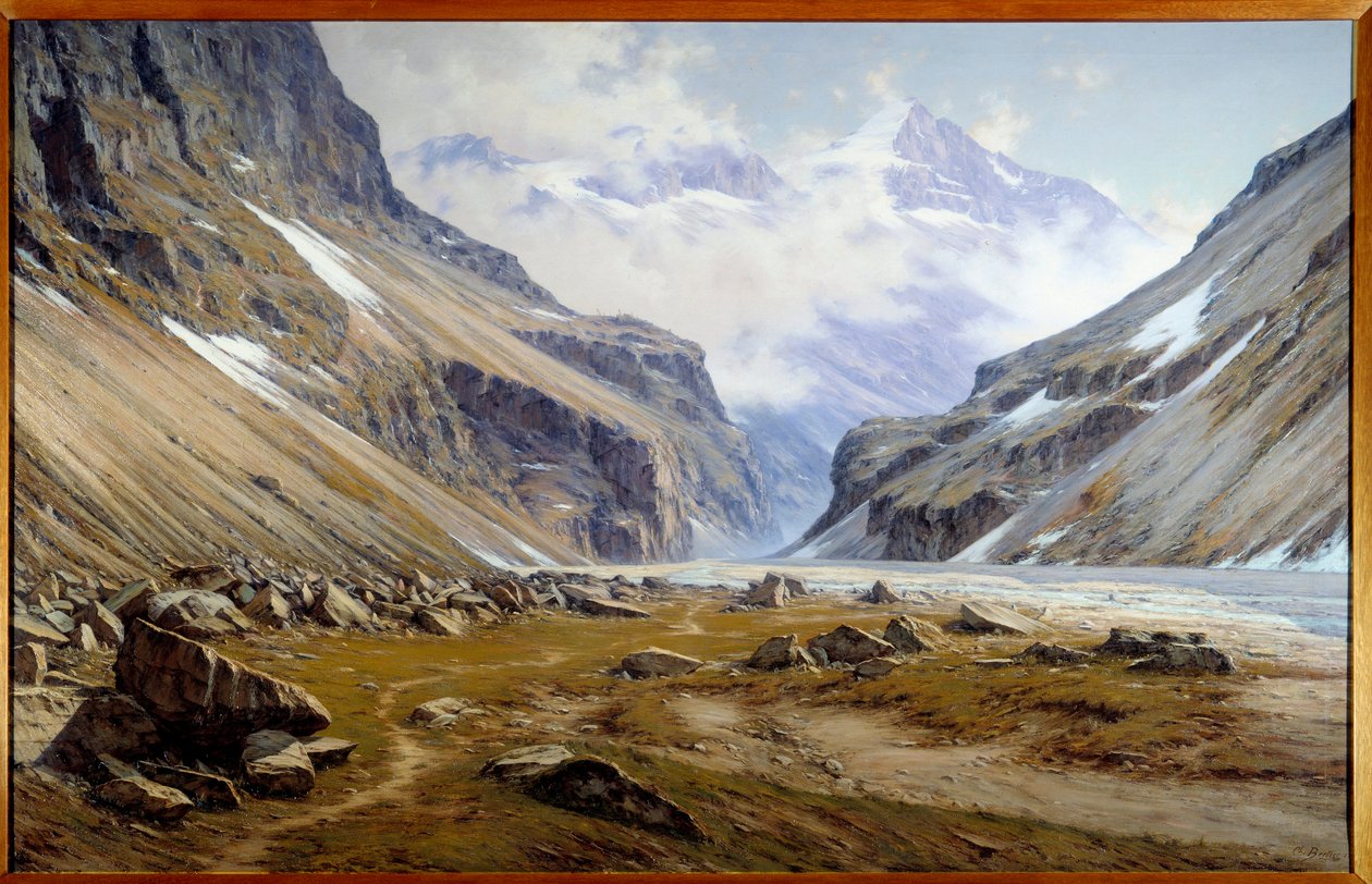 La vallee du Veneon in Saint Christophe en Oisans in the Alps by Charles Bertier (1860-1924) 1894 Dim. 2x3.2 m Grenoble, musee des Beaux Arts - 位于阿尔卑斯山 Saint Christophe en Oisans 的 Veneon 谷。 查尔斯·伯蒂埃 (Charles Bertier) 的绘画 (1860-1924) 作者 查尔斯·亚历山大·伯蒂埃