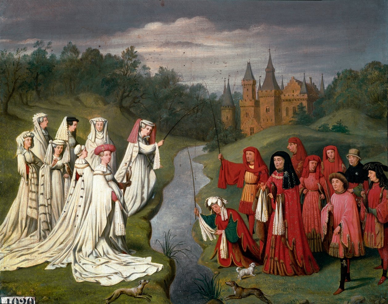 从 Philippe the Hardi 到 Charles the Temeraire 的勃艮第家族的九位王子和八位公主，在城堡的公园里狩猎猎鹰或钓鱼 查尔斯·亚历山大 (Charles-Alexandre) Debacq (1804-1850) 绘画，一月之后 凡艾克 作者 查尔斯·亚历山大·德巴克