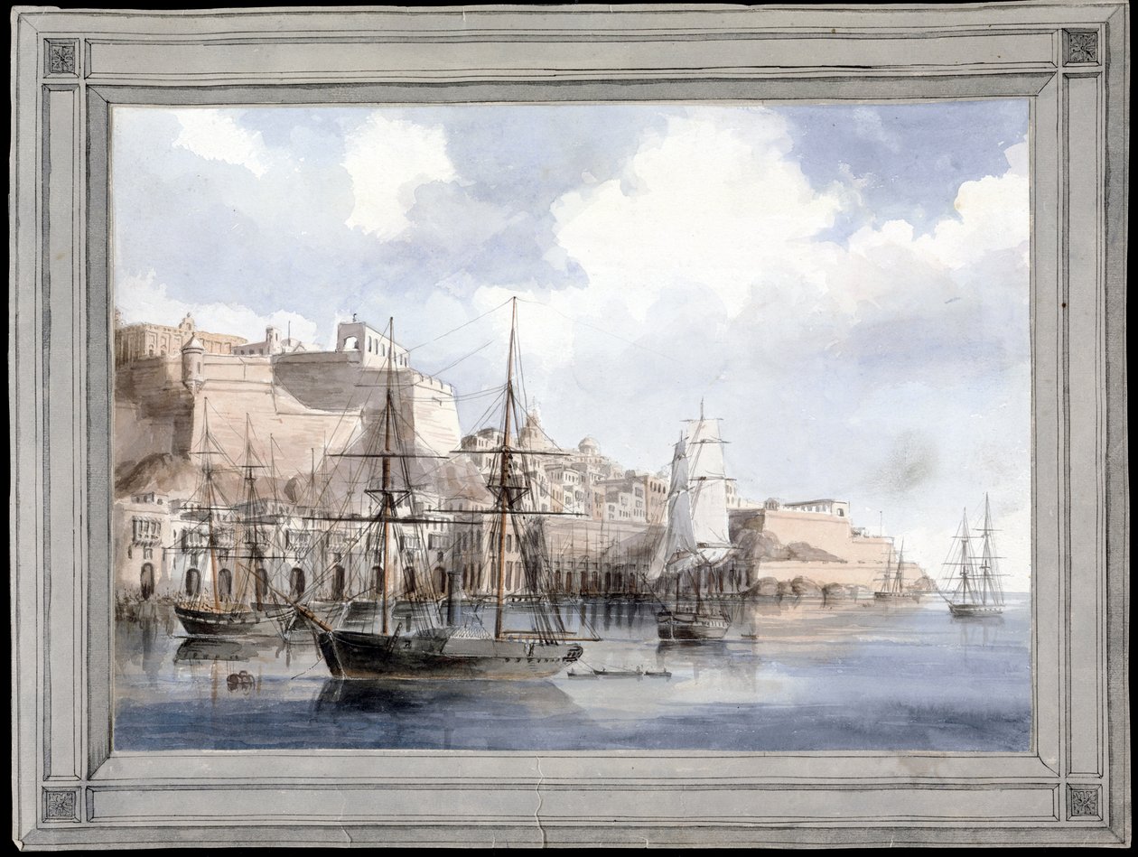马耳他景观（瓦莱塔大港和圣安杰洛堡） - Charles Andrew Dyce（1816-1853）绘画，纸本水彩（25.1x34.9 厘米），约 1849 年 - 耶鲁大学（美国） 作者 查尔斯·安德鲁·戴斯