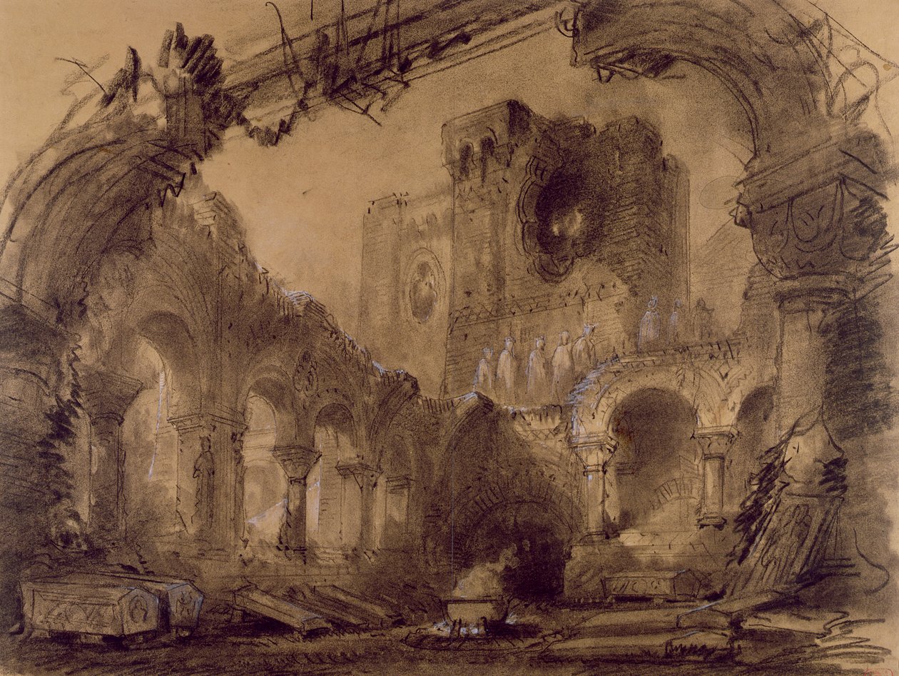 废墟，风景设计由朱塞佩威尔第（1813-1901）在1865年巴黎Chatelet剧院Lyrique表演&39;Macbeth&39;（木炭和白色粉笔在纸上） 作者 查尔斯·安托万·康本