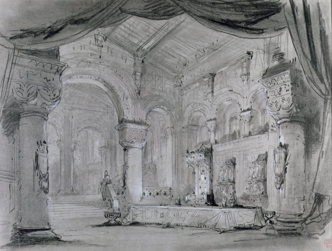 设置宫殿内部设计，由朱塞佩威尔第（1813-1901）在剧院Lyrique，Chatelet，1865（木炭和白色粉笔在纸上）表演歌剧&39;麦克白&39; 作者 查尔斯·安托万·康本