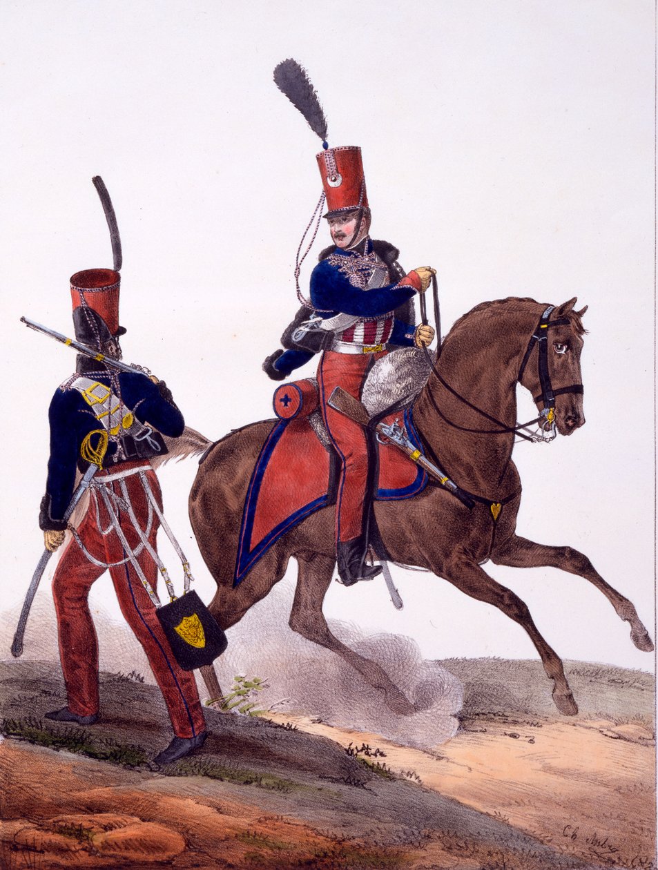 第五Hu骑兵团的制服，来自&39;Collection des Uniforms de l&39;Armee Francaise&39;，1823年出版（手工彩色版画） 作者 查尔斯·奥布里