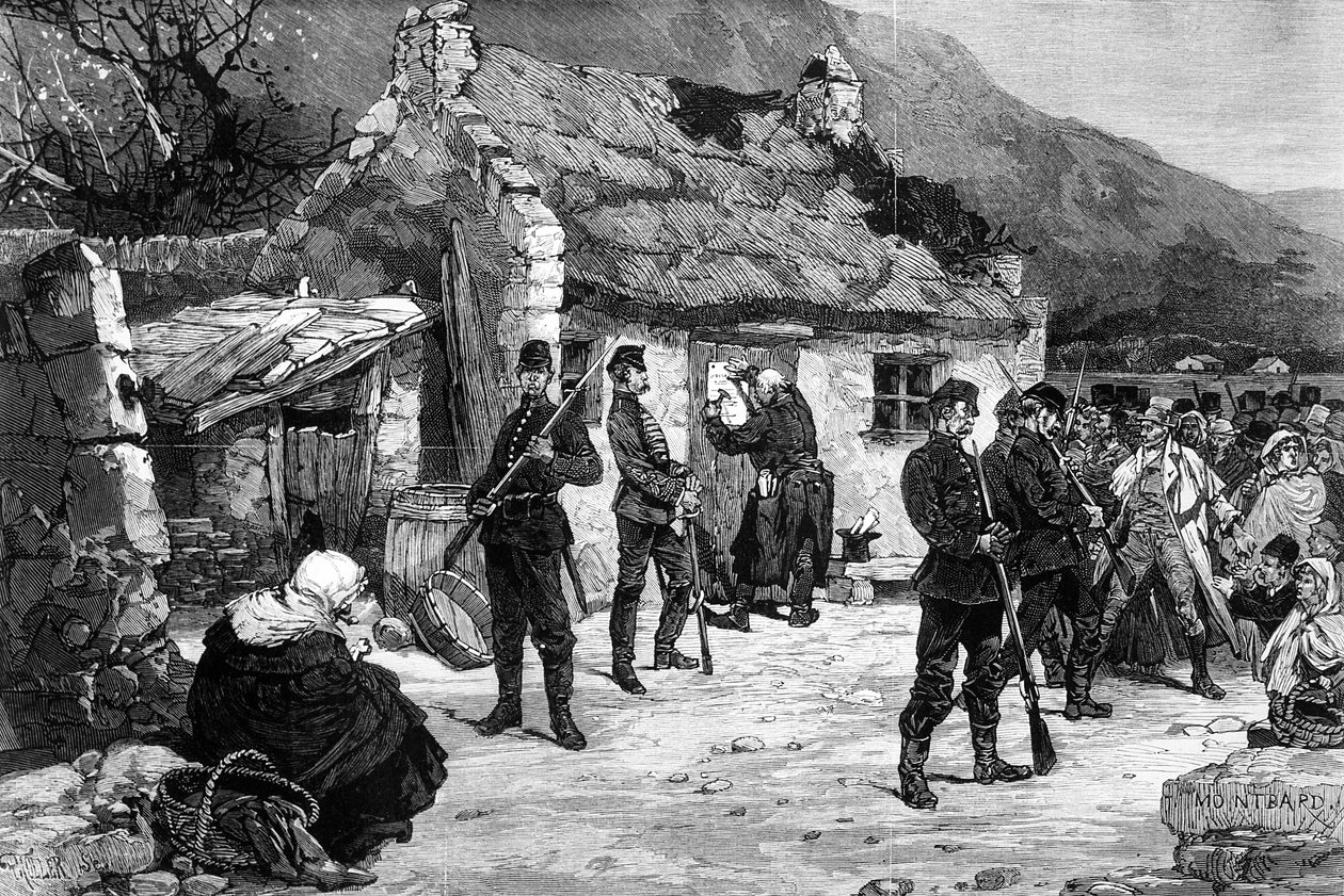 由英国警察驱逐一名爱尔兰农民，由F. Moller制作的印刷品，来自1880年的“LeMondeIllustré” 作者 查尔斯·奥古斯特·洛伊