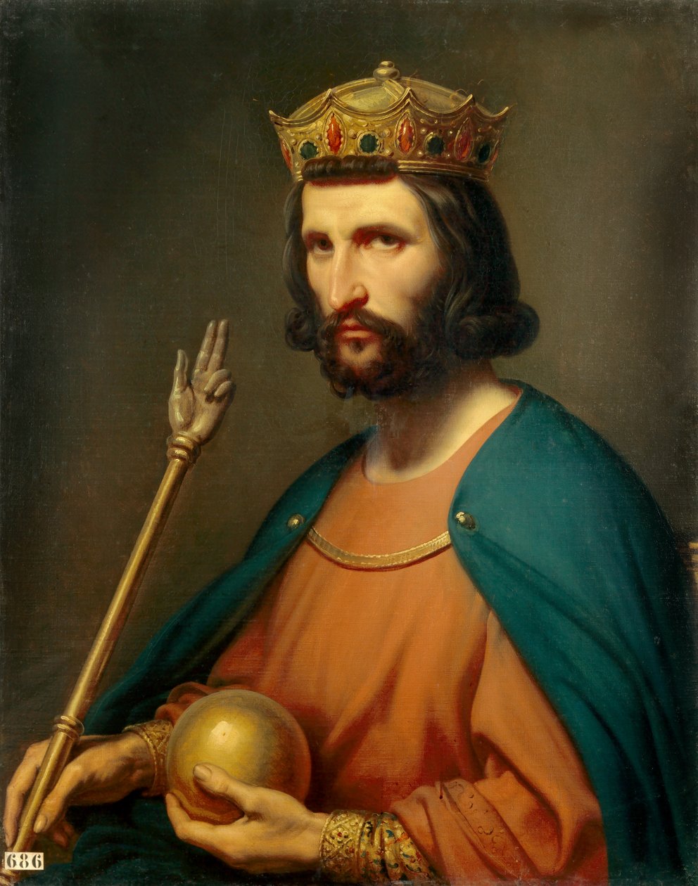 Hugues Capet (941-996) 987 年法国国王的肖像 他手里拿着一个地球仪和权杖，这是权力的象征。 Charles de Steuben (1788-1856) 绘画，19 世纪太阳。 0,91x0,74 m。 - 987 年法国国王 Hugues Capet (941-996) 的肖像。 作者 查尔斯·奥古斯特·斯托本