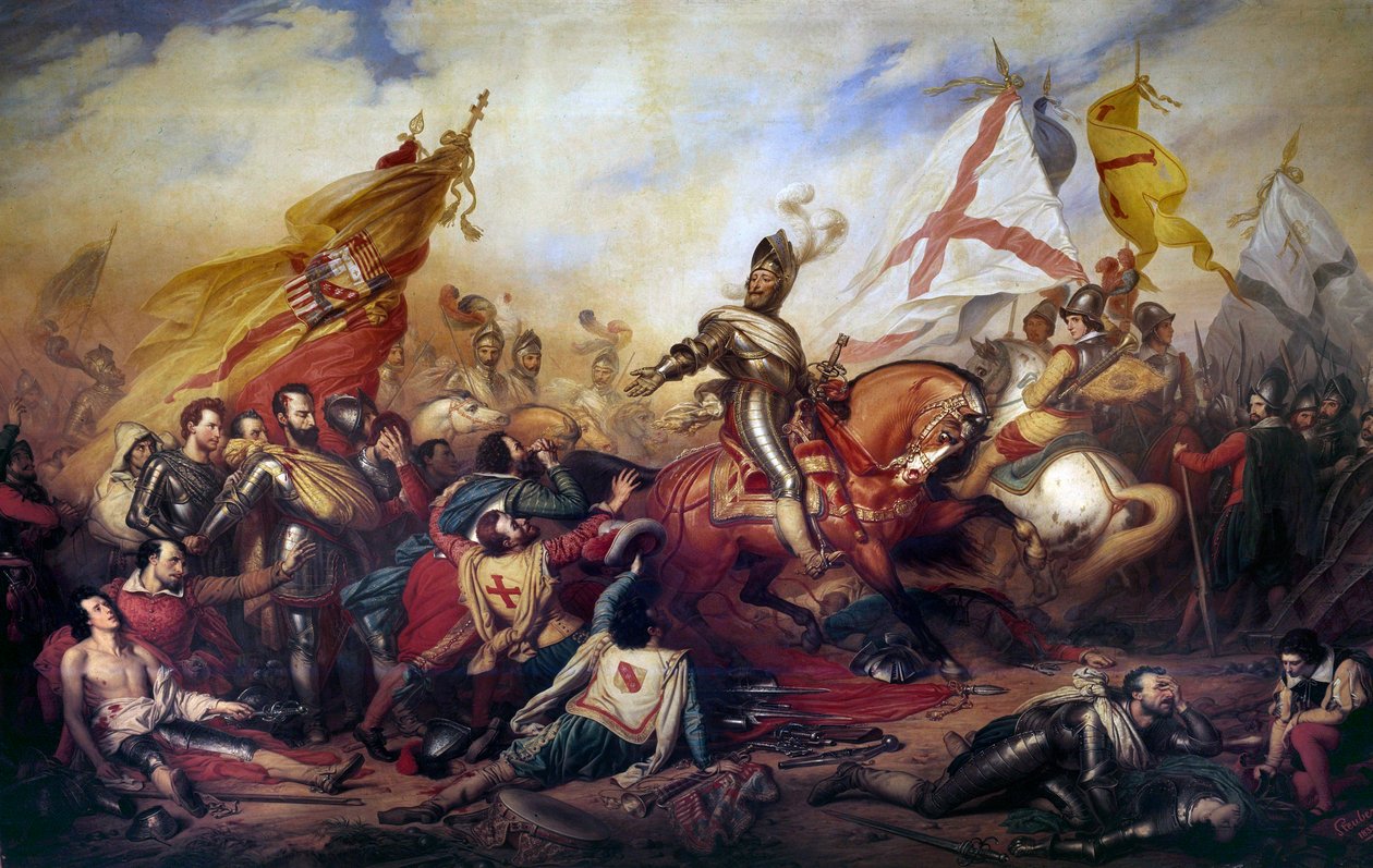 宗教战争（1562-1598）：“14/03/1590 的法国国王亨利四世（1553-1610）在伊夫里战役中”“皇家军队战胜了天主教联盟的军队。 Charles de Steuben (1788-1856) 19 世纪太阳画作的细节。 4,2x8,1 m - 佤 作者 查尔斯·奥古斯特·斯托本