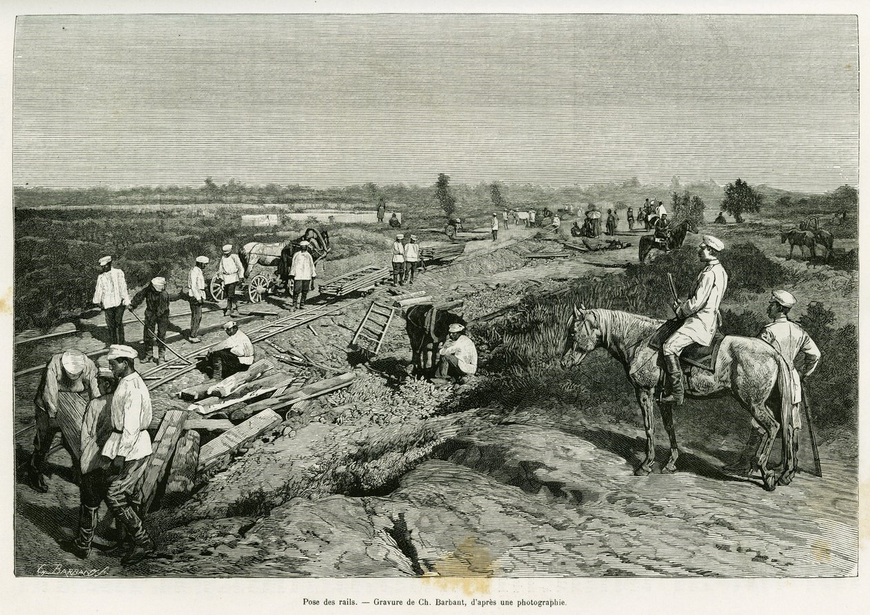 铺设横跨印度洋的铁轨。巴尔班特的版画，为埃德加-布兰格的《梅尔夫之旅》故事作插图，载于《世界之旅》1887年，由爱德华-沙特（1807-1890）导演，巴黎哈谢特出版社。 作者 查尔斯·巴班特
