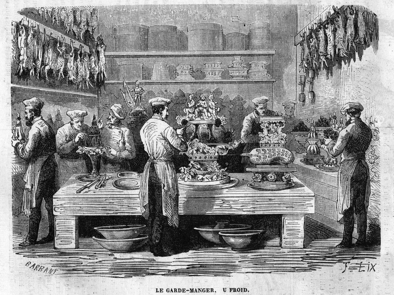 1864 年，在第二帝国的招待会上，杜乐丽宫厨房的冷卫。 燃烧雕刻 作者 查尔斯·巴班特