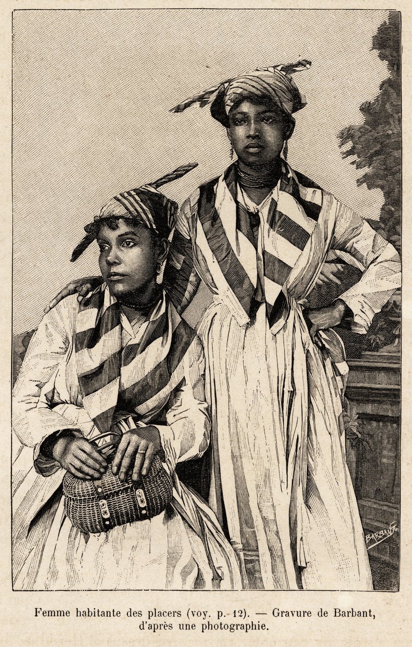 生活在矿区的妇女，矿藏。巴尔班特为 "chez nos indiens, quatre annees de voyage dans la Guiane francaise "的故事绘制的版画。 作者 查尔斯·巴班特