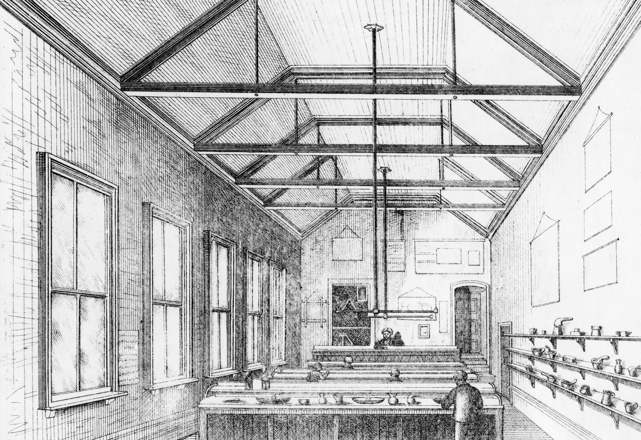 德利奇学院化学实验室，约1870年（石版画）。 作者 查尔斯·巴里