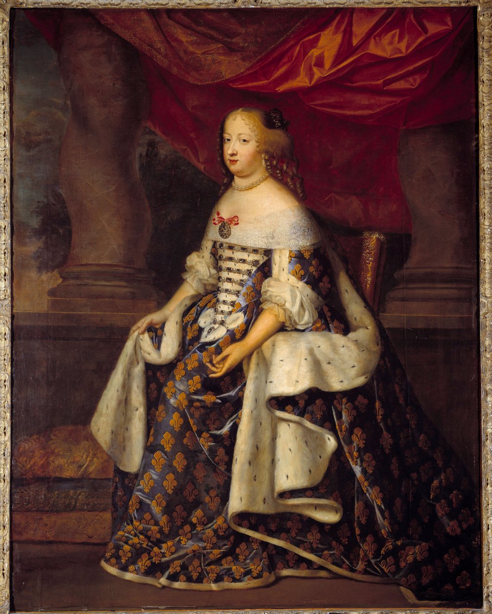 奥地利玛丽·特蕾莎 (1638-1683) 的肖像，法国女王查尔斯·博布伦 (1604-1692) 工作室的绘画 17 世纪太阳。 1,8 x 1,4 m 作者 查尔斯·博布伦