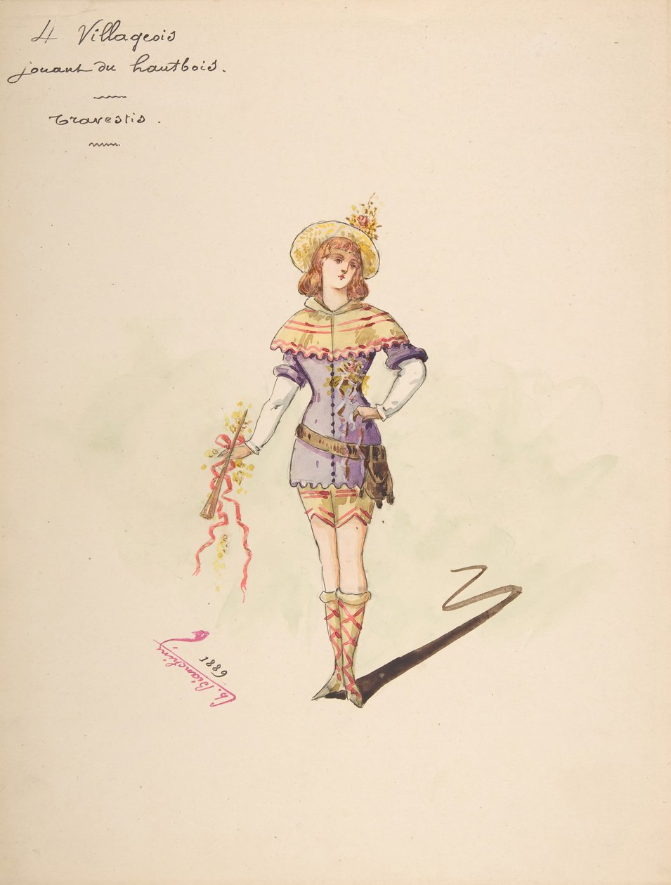 4个演奏双簧管的村民的服装设计[a], 服装描述表... 作者 查尔斯·比安基尼（Charles Bianchini）
