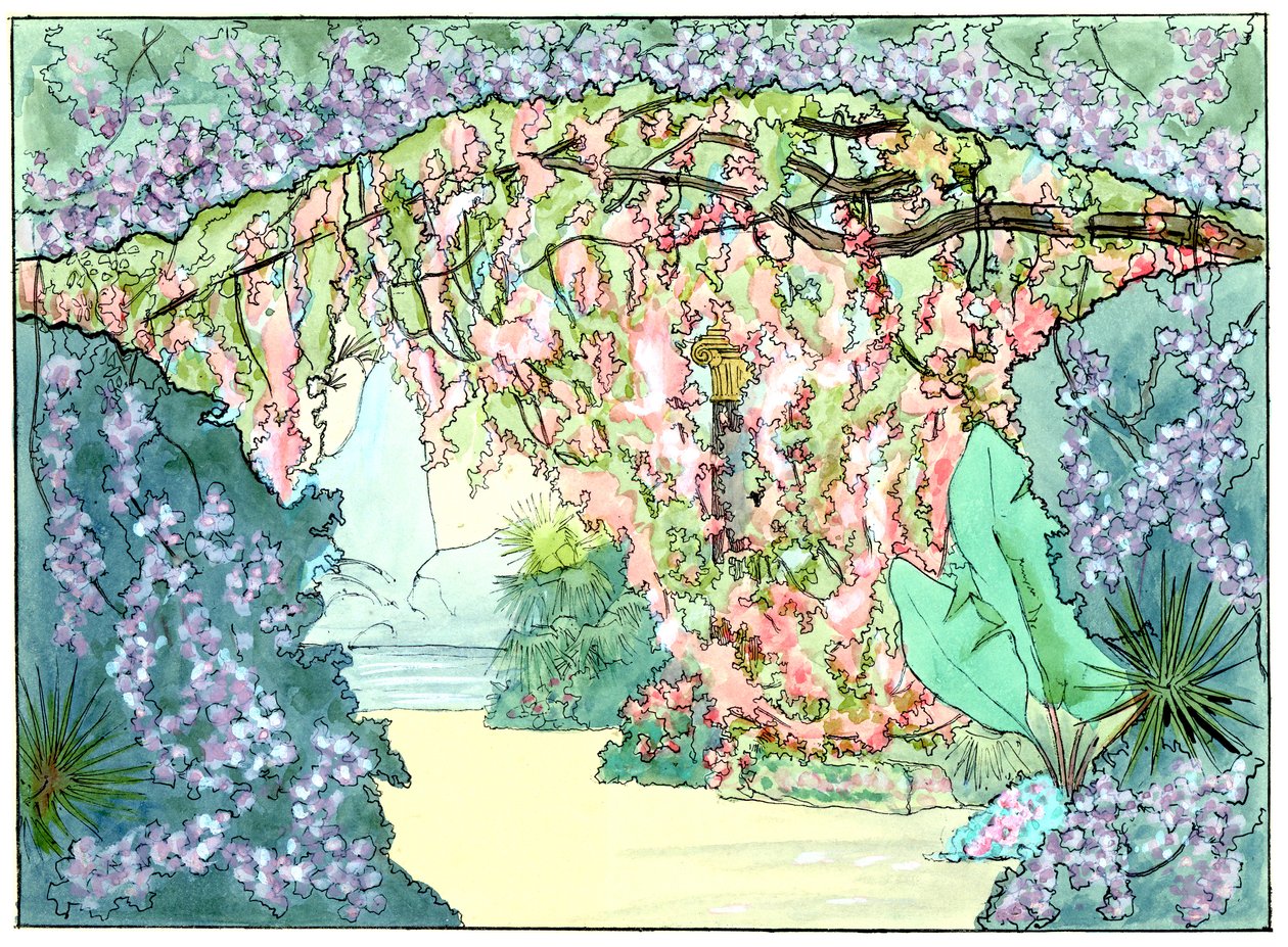 马斯内 - Esclarmonde - 夏尔-比安希尼布景 - 第二幕第一场，玫瑰帷幕降下 - G. Stein 绘制，1889 (b) 作者 查尔斯·比安基尼（Charles Bianchini）