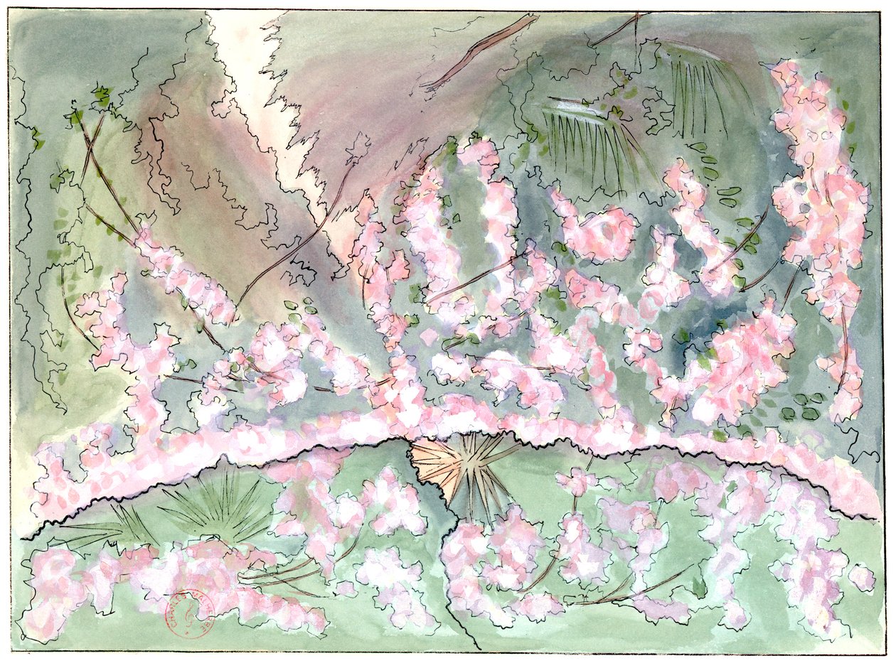 马斯内--《埃斯卡拉蒙德》--查尔斯-比安希尼的布景--第二幕第一场，玫瑰帷幕降下--G. Stein 绘制，1889 年 (c) 作者 查尔斯·比安基尼（Charles Bianchini）
