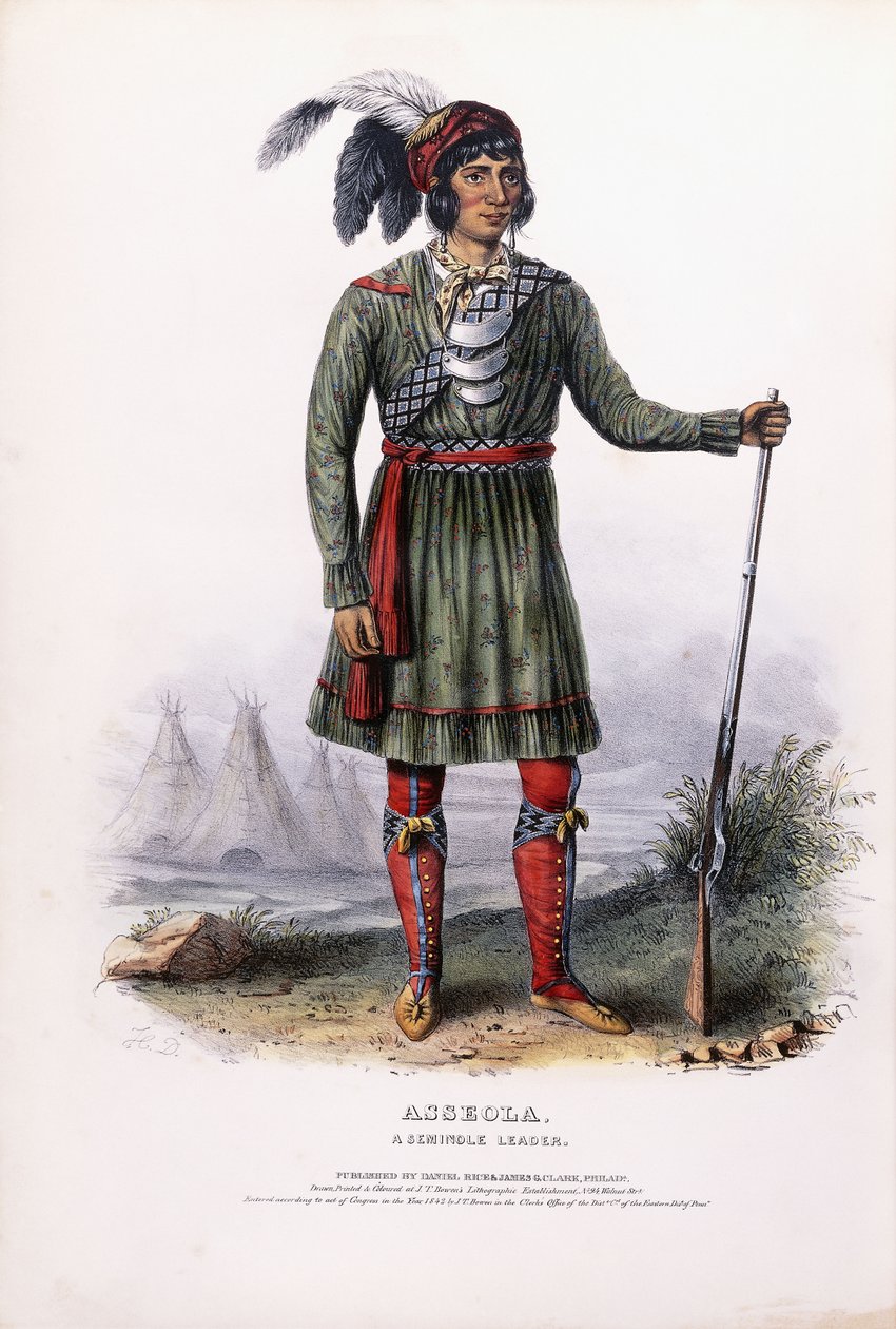 塞米诺尔人首领Asseola，约1837-1844年（手工完成的彩色石版画） 作者 查尔斯·伯德（继）国王
