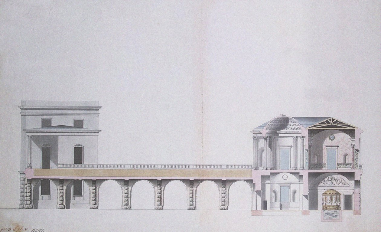 Tsarskoye Selo的玛瑙亭和空中花园的横截面，1780年（笔和墨水在纸上） 作者 查尔斯·卡梅隆