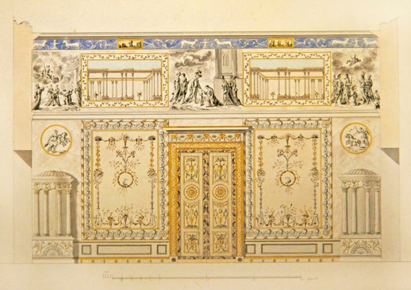 沙尔斯科耶塞洛的凯瑟琳宫里昂绘画室的门墙立面，1780年代初（纸上用钢笔、毛笔、印度墨水和水彩）。 作者 查尔斯·卡梅隆