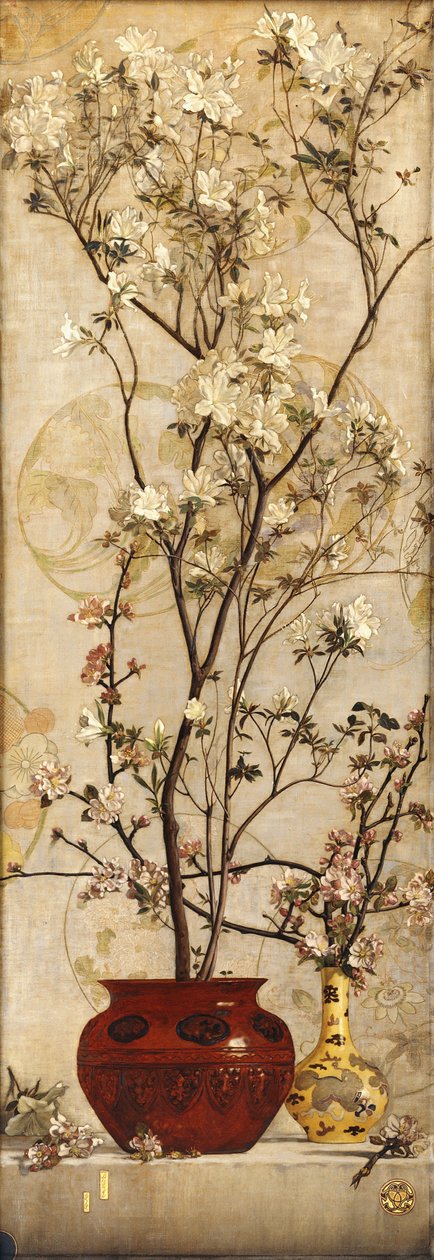 杜鹃花在中国壶中的静物，1878年 作者 查尔斯·卡里尔·科尔曼