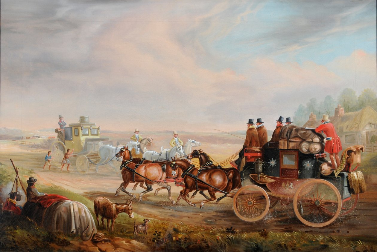 赫尔-伦敦皇家邮政在路上遇到一辆行驶中的战车，约 1835 年（布面油画） 作者 查尔斯·库珀·亨德森