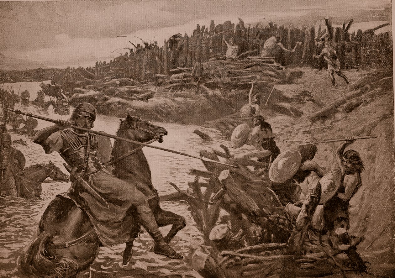 凯撒穿越泰晤士河，插图来自&39;哈钦森的英国民族故事&39;，c.1920 作者 查尔斯·丹尼尔·沃德