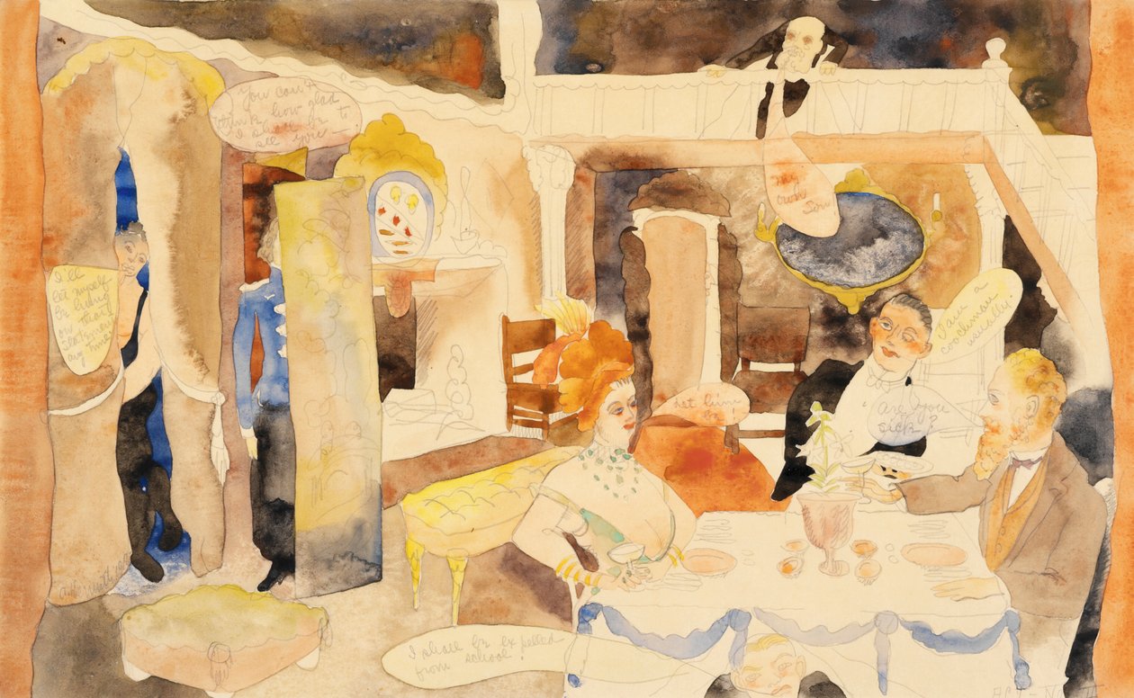 Lulu和Alva Schoen在午餐时间，1918年（wc和铅笔在纸上） 作者 查尔斯·德穆斯