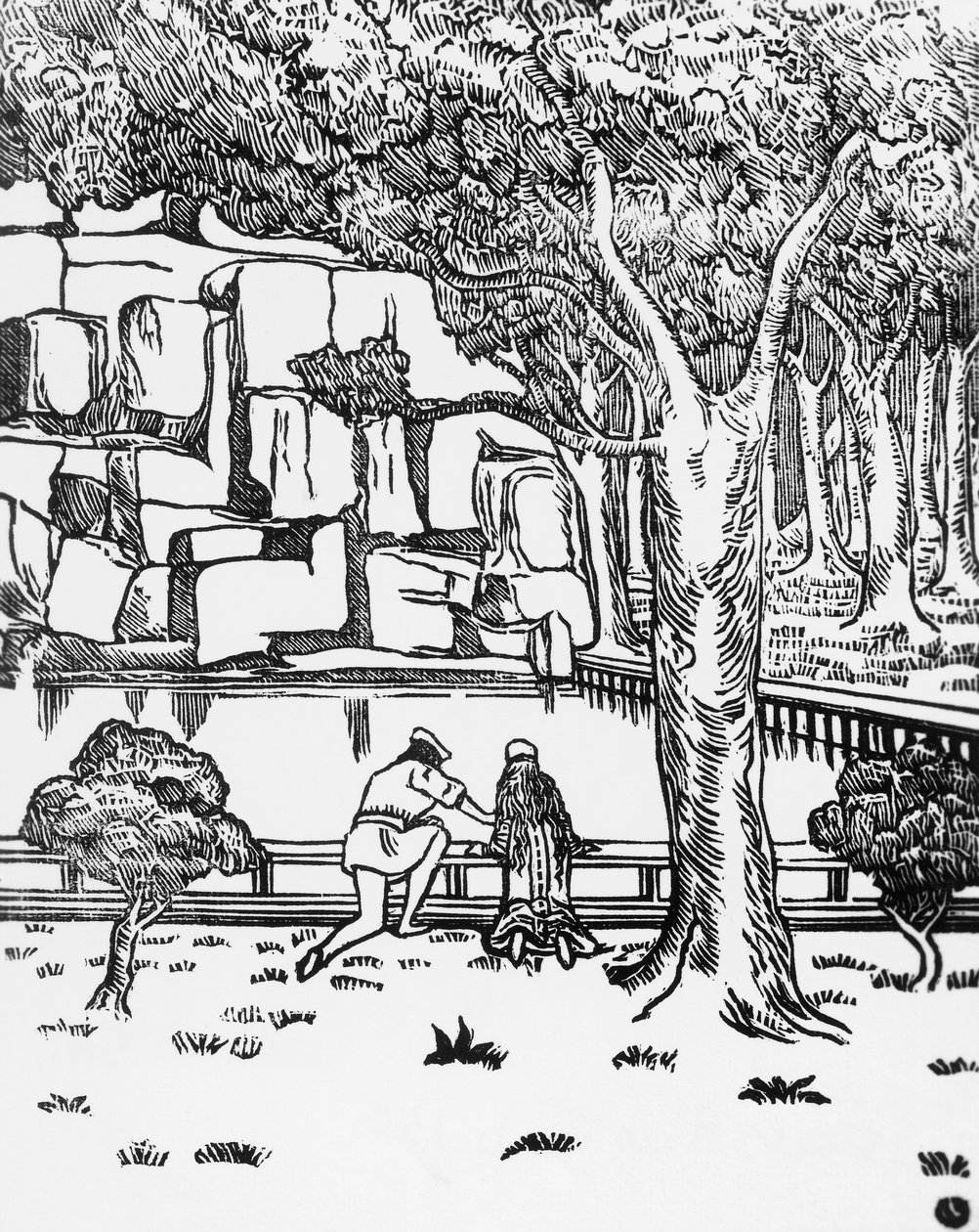 人们在看源头，查尔斯-杜德莱（1861-1938）为莫里斯-梅特林克（1862-1949）的《佩利亚斯和梅里桑德》创作的木刻，由意大利斯波莱托的克劳迪奥-阿根蒂耶里出版。 作者 查尔斯·杜德莱特