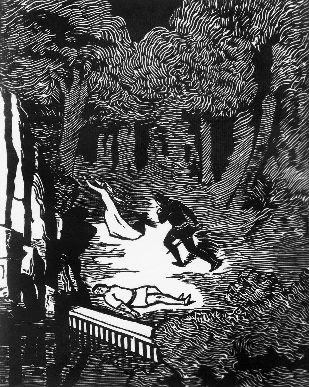 Charles Doudelet（1861-1938）为Maurice Maeterlinck（1862-1949）的《Pelleas and Melisande》所作的木刻，由Claudio Argentieri出版，意大利斯波莱托。 作者 查尔斯·杜德莱特