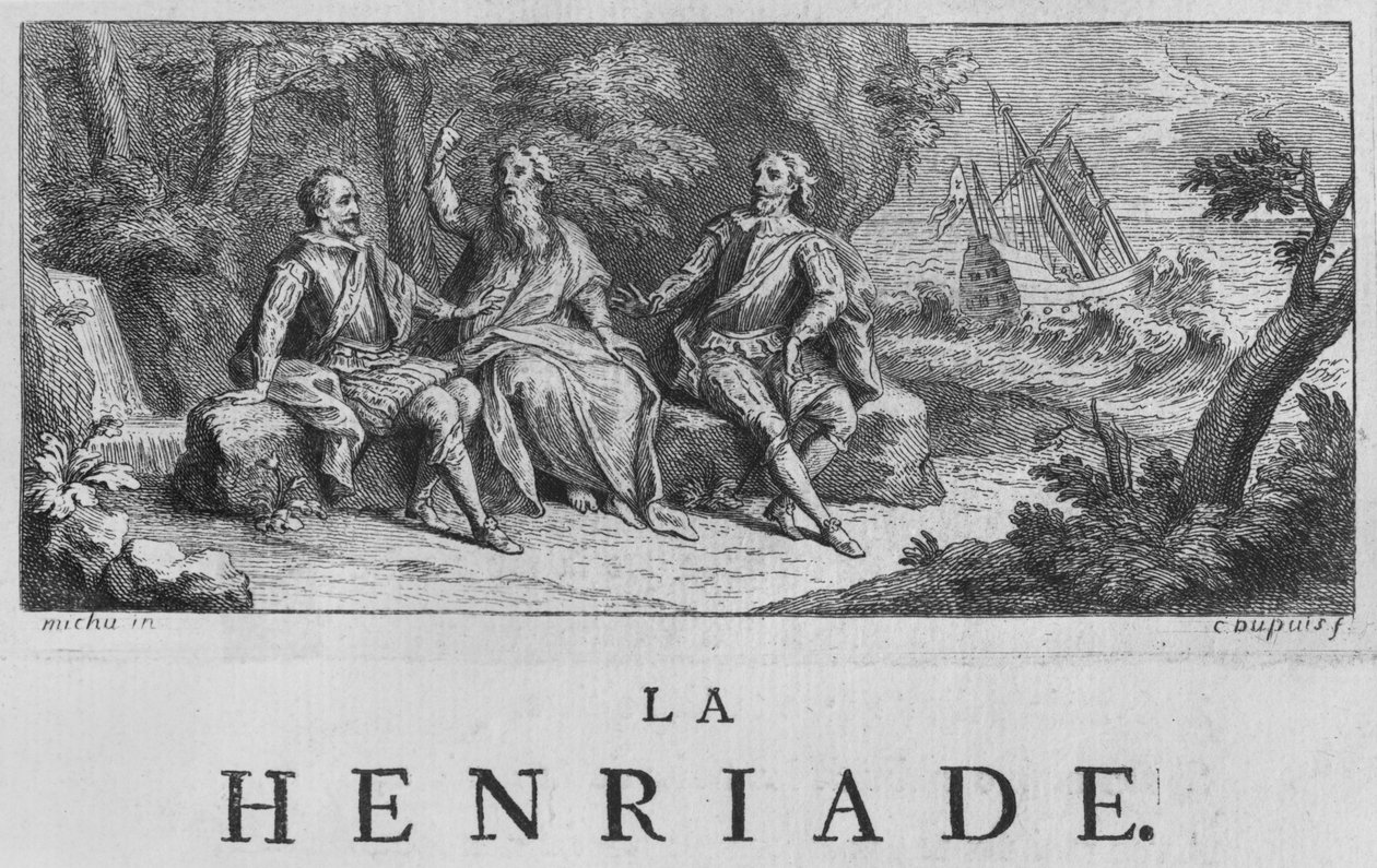 伏尔泰（1694-1778）1728年&39;La Henriade&39;的正面插图 作者 查尔斯·杜普依斯